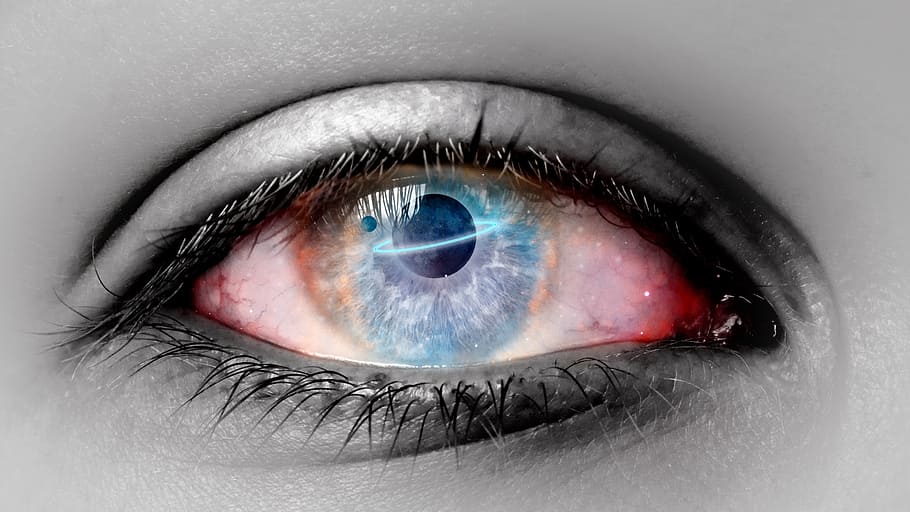 photo of blue eye, manipulation, galaxy, creative, artificial, HD wallpaper