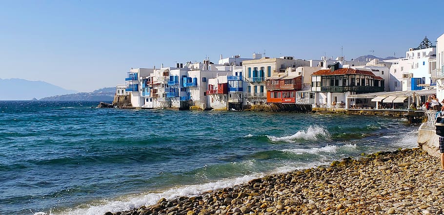 mykonos, greece, little venice, island, vacation, cyclades, HD wallpaper