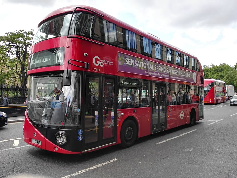 red double decker bus on street, london, england, public transport