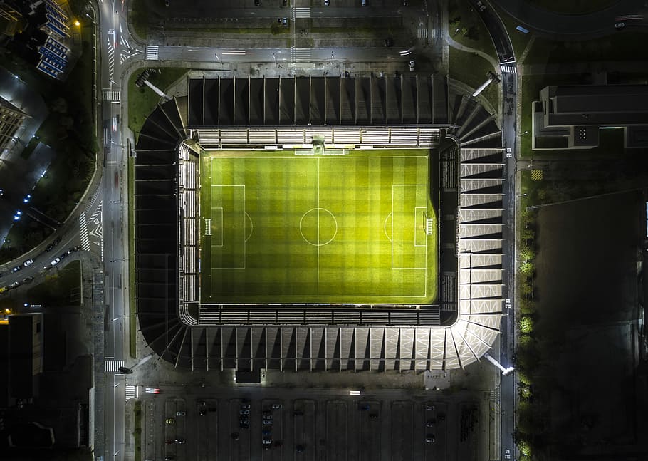 bird's-eye view photography of soccer arena, areal photography of soccer stadium