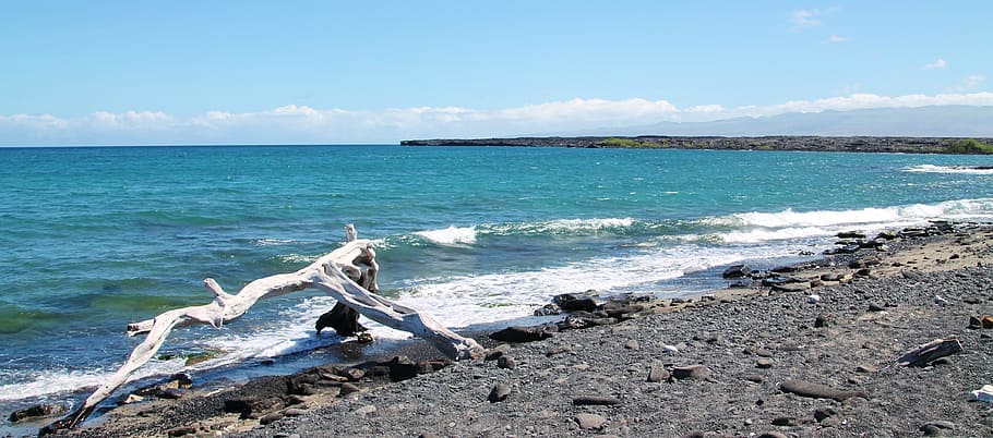 Beach, Roche, Ocean, Sea, blue, volcanic rock, sand, waves HD wallpaper