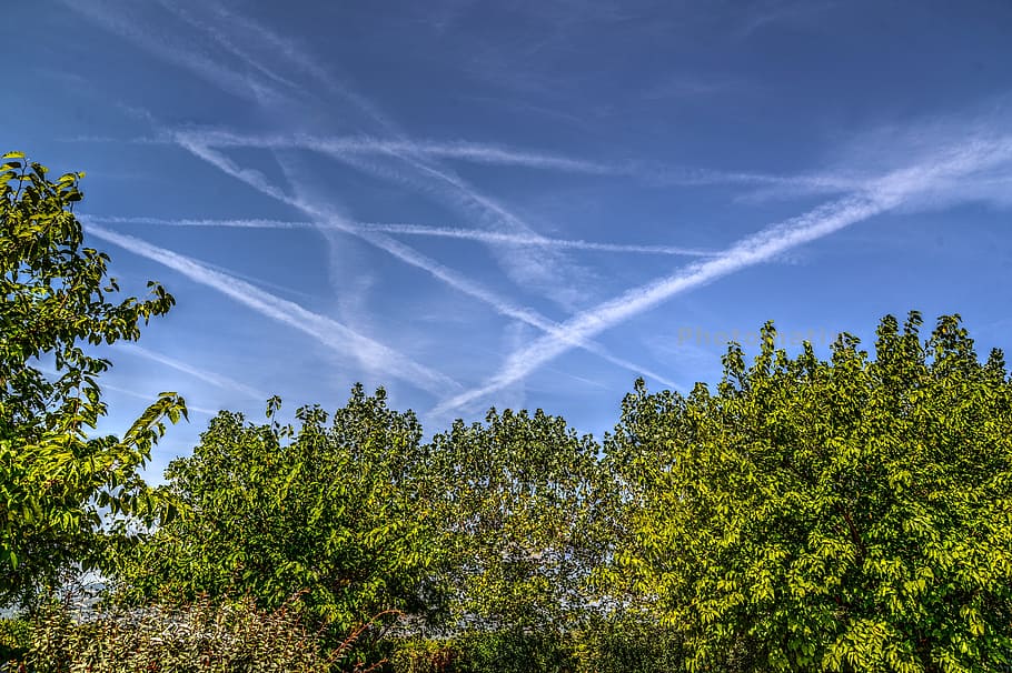 trails, plane, sky, airplane, blue, fly, aviation, travel, damp HD wallpaper