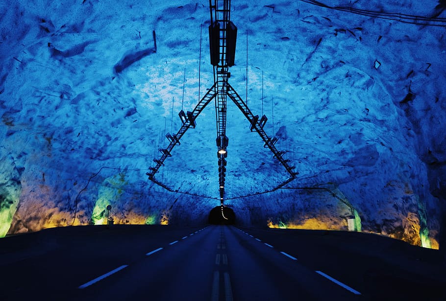 empty pave road with lighting, tunnel road with blue surface HD wallpaper