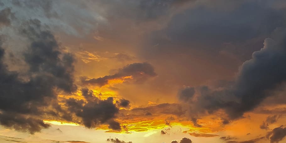 sunset, clouds, sky, evening, orange, yellow, golden, fiery HD wallpaper