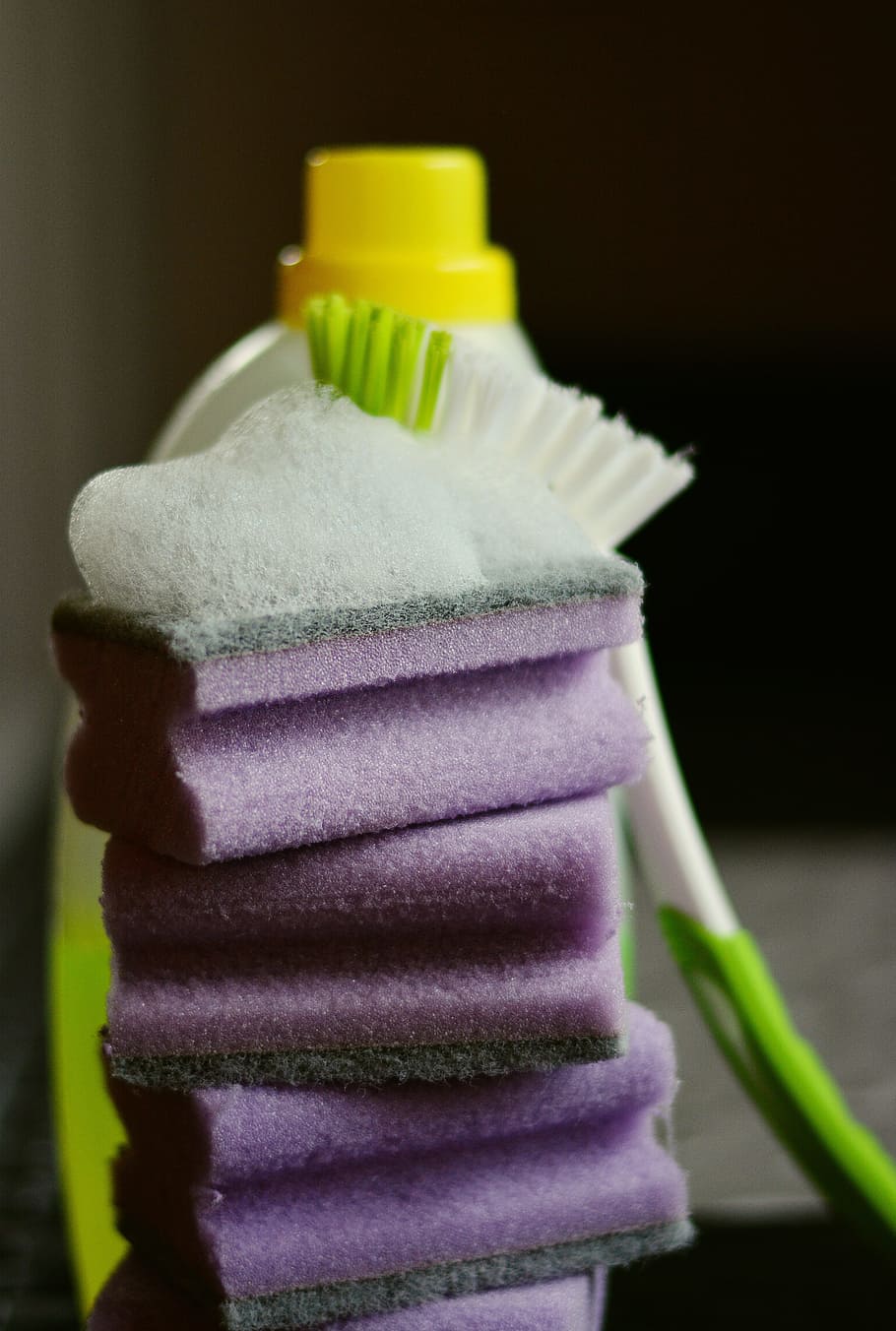 close-up photography of sponge and toilet brush, cleaning sponge HD wallpaper