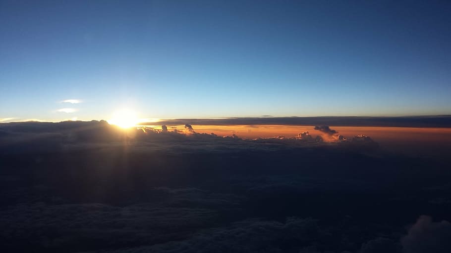 aerial, sky, clouds, sun, nature, sunset, copy space, environment HD wallpaper