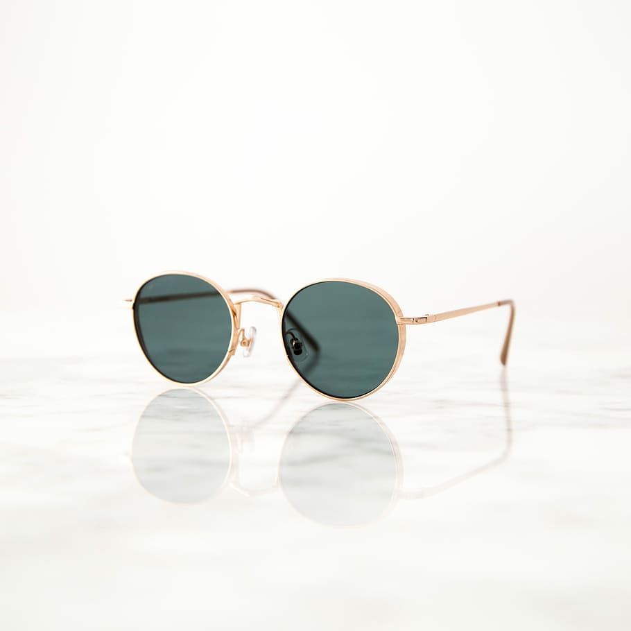 gold-colored framed hippie sunglasses on white surface, gold-colored framed gray lens sunglasses on white background HD wallpaper