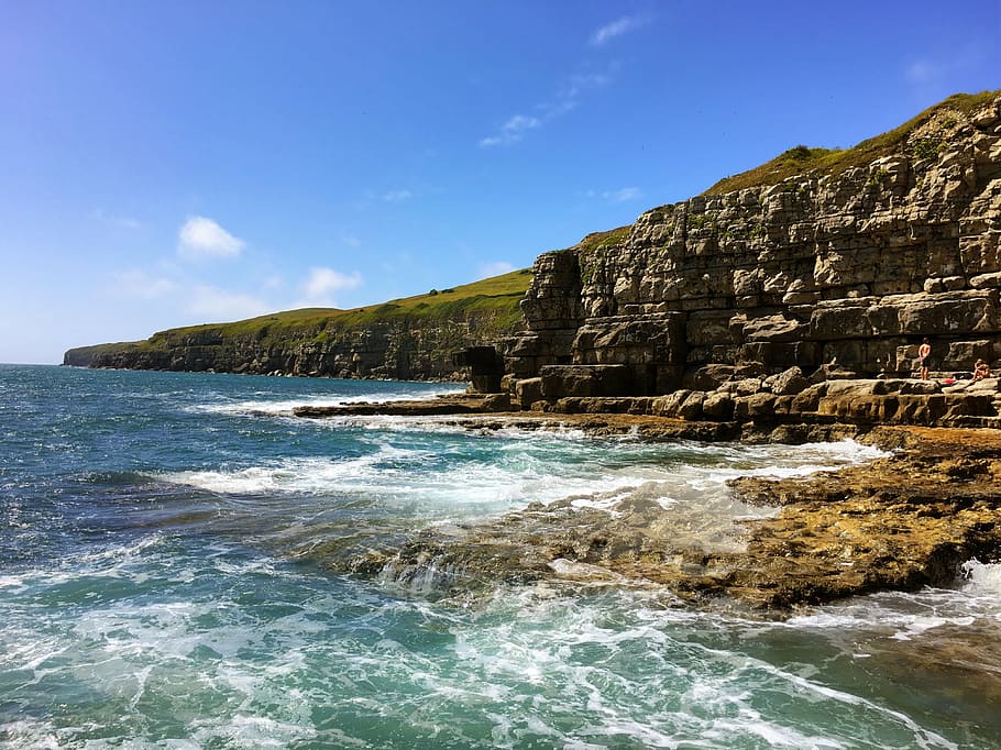 cliffs, coast, dorset, water, sea, rock, sky, motion, rock - object HD wallpaper