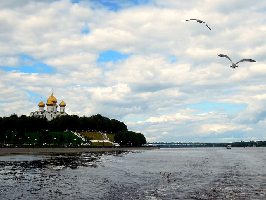 assumption, cathedral, river, beach, volga, gulls, clouds, for, HD wallpaper
