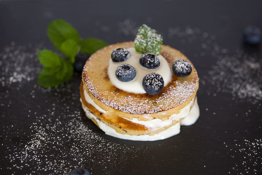 brown pastry, pancake, breakfast, eat, blueberries, cream, food HD wallpaper