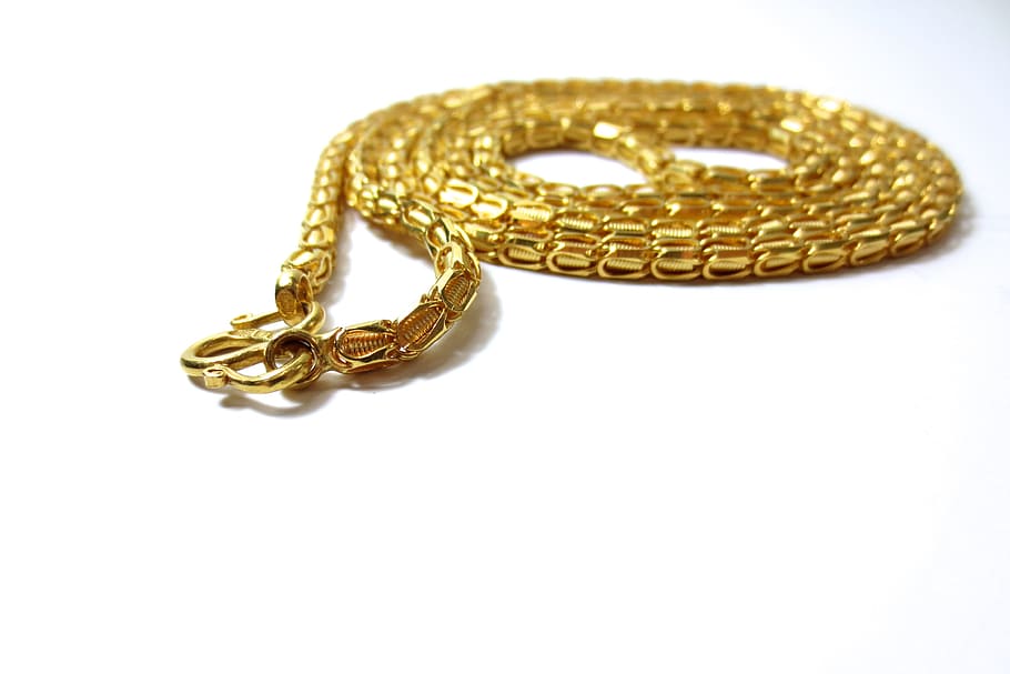 gold-colored necklace, golden, chain, jewelry, yellow, pattern