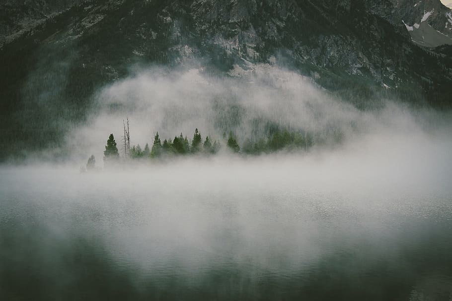 fog, haze, hazy, mountains, hills, peaks, cliffs, rocks, trees HD wallpaper
