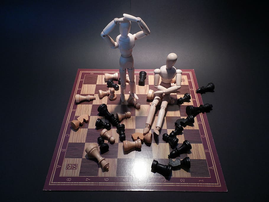 two puppets on chess board, board game, play, lose, frustration, HD wallpaper