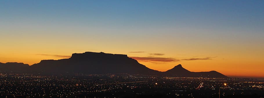 table mountain, sunset, cape town, night lighting, south africa, sea of light, HD wallpaper