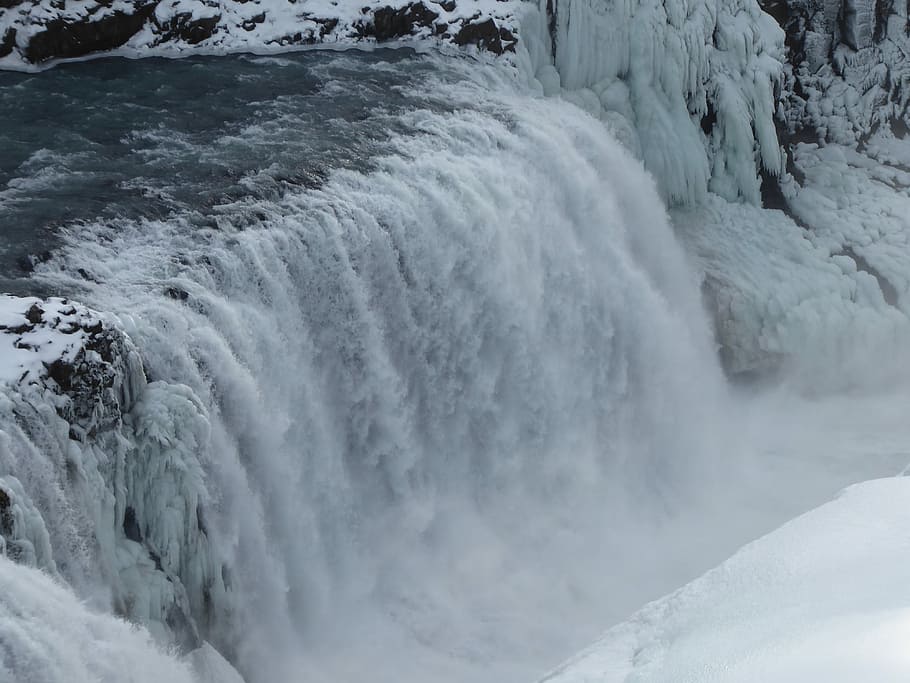 Iceland, time lapse photo of waterfalls, river, mist, splash HD wallpaper