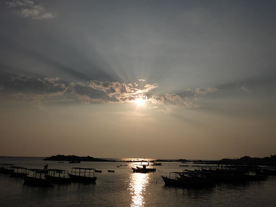 sunset, sea, ocean, water, sky, nautical vessel, transportation HD wallpaper