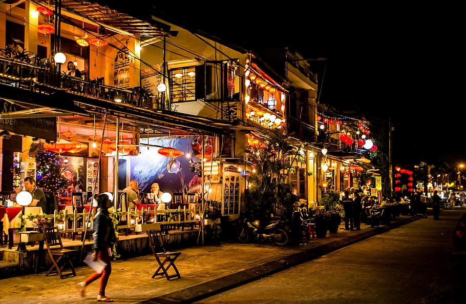 wooden structures with lighted lamps, Hoi An, Vietnam, Heritage, Tourism