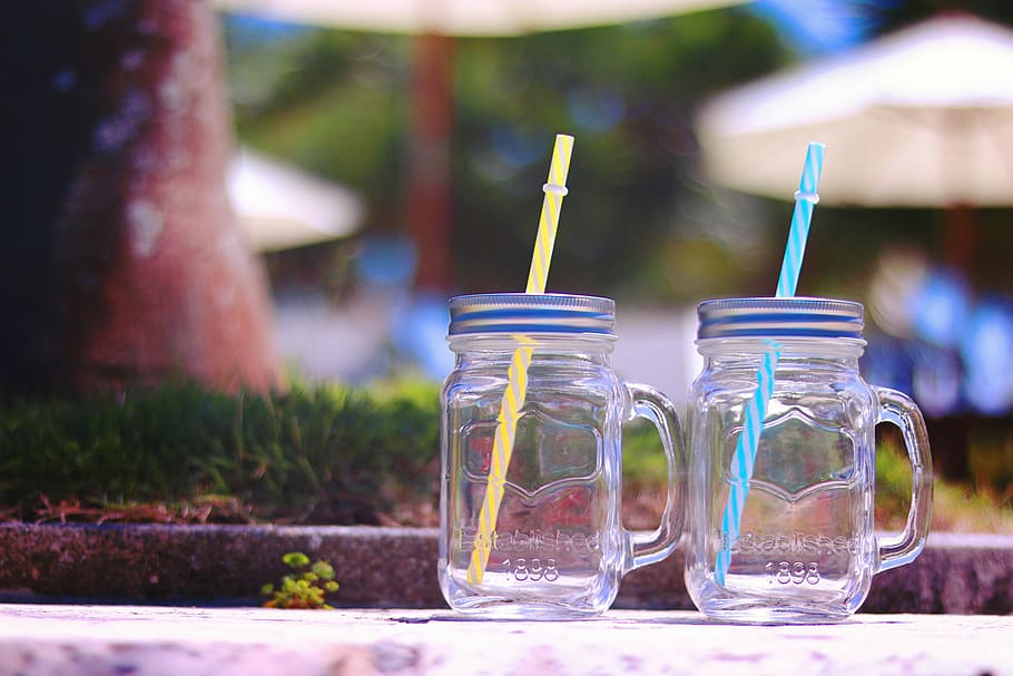 two clear glass mug jar with straw, drink, cocktail, food, summer HD wallpaper