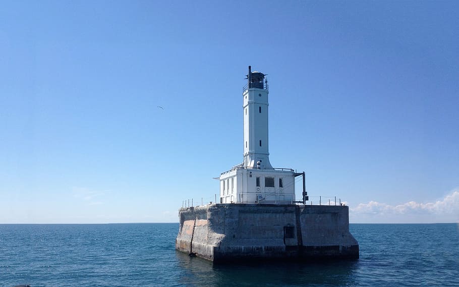 lighthouse, lake, blue, sky, scenic, landmark, michigan, landscape HD wallpaper