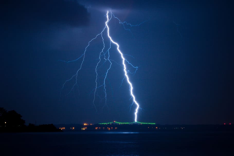 lightning strike near body of water, flash, weather, nature, energy