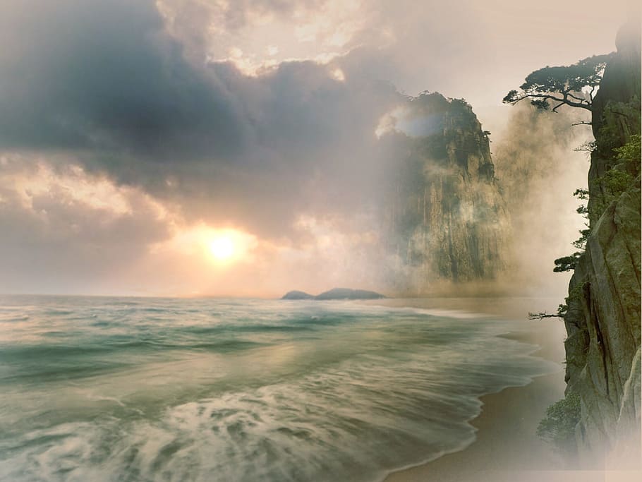 beach and mountains during cloudy daytime, paradise, beautiful beach HD wallpaper