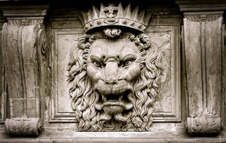 beige lion sculpture, king, crown, stone, stone line, florence HD wallpaper