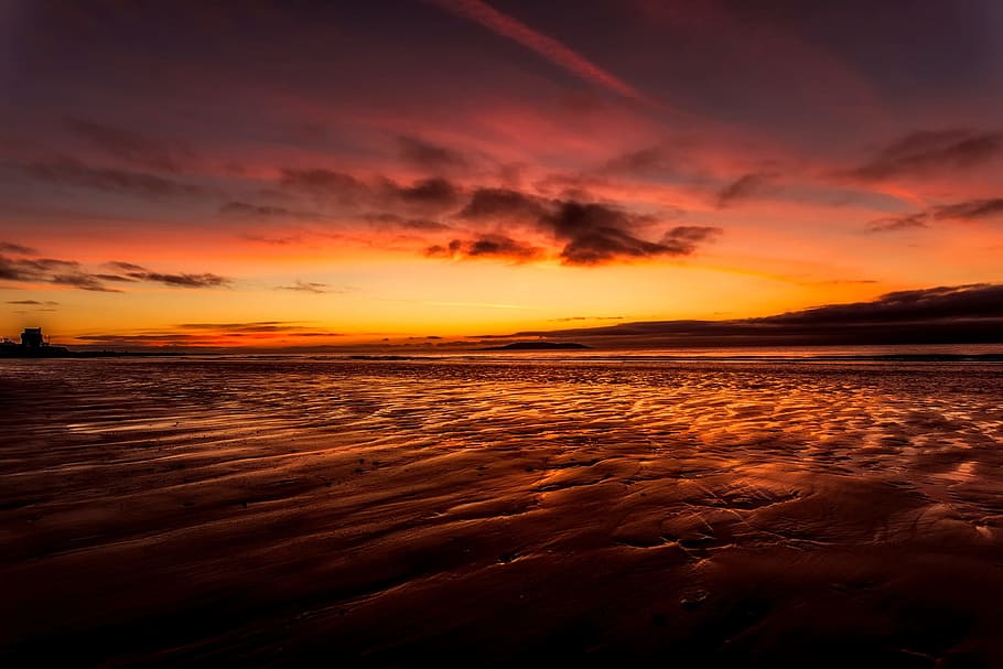Sunset, Dusk, Clouds, Sea, Ocean, sky, seashore, beach, sand HD wallpaper