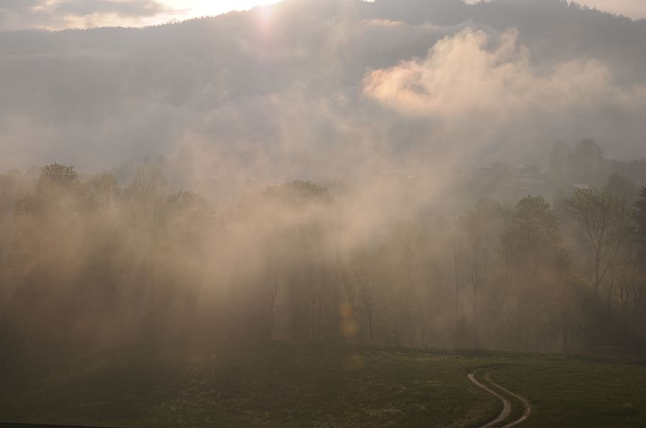 clouds, mountains, landscape, sunset, mood, fog, tree, tranquility HD wallpaper
