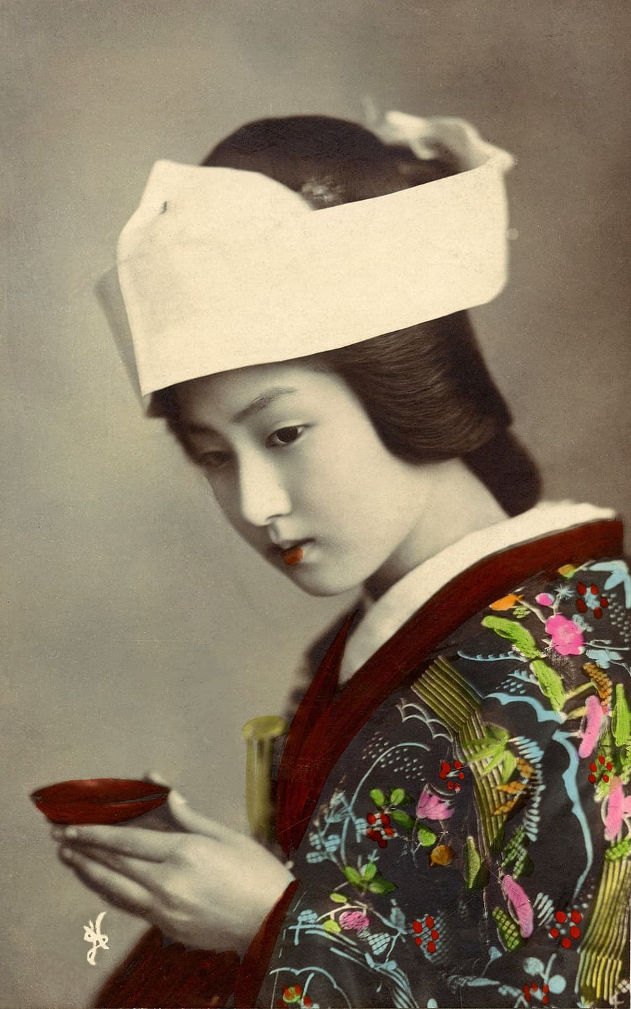 Geisha holding red sake cup, retro, vintage, japanese, asia, one person, HD wallpaper