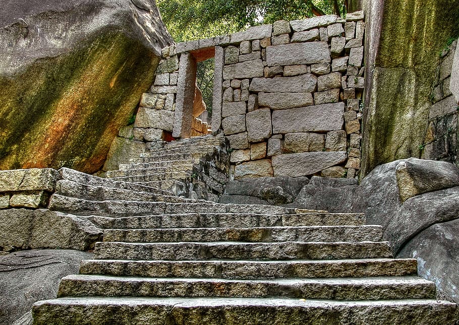 brown rock staircase leading up to rock wall, pierre, mount HD wallpaper