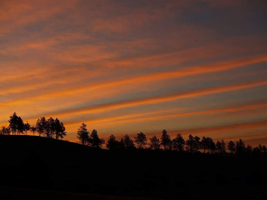 sunrise, landscape, sky, clouds, colorful, silhouettes, hills HD wallpaper
