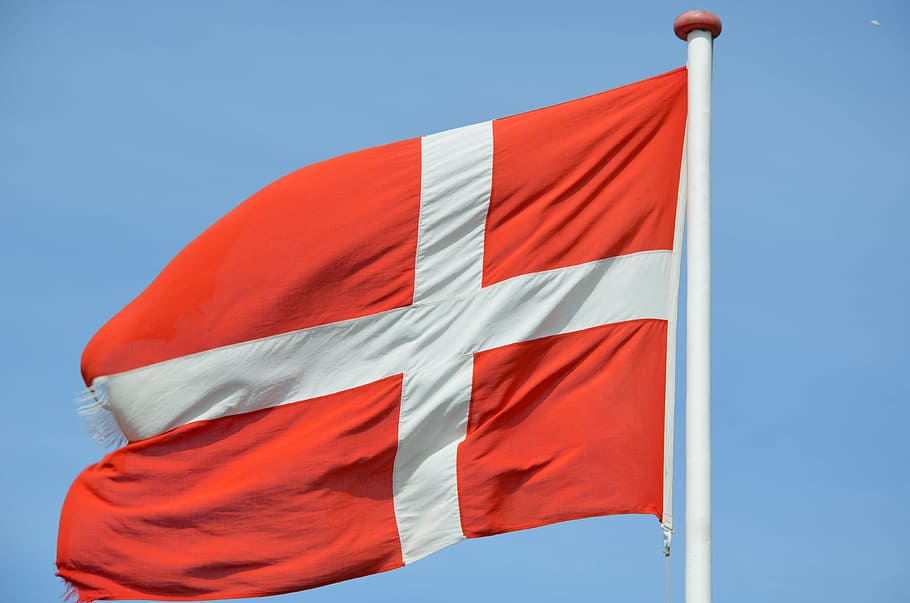 denmark, flag, danish flag, waving flag, flagpole, blue sky