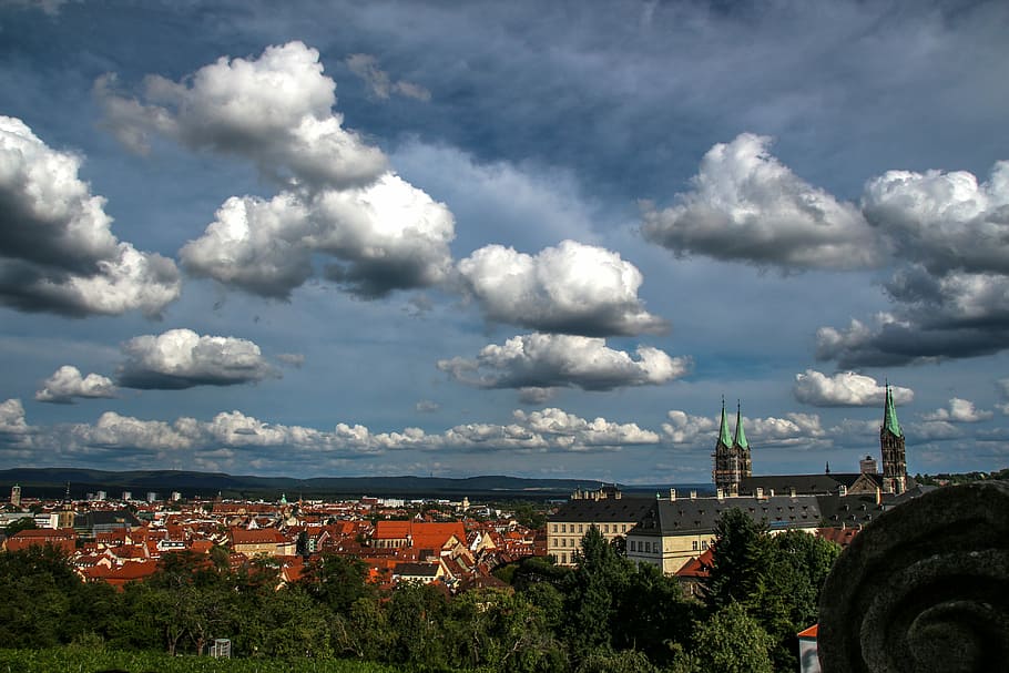 Bamberg, Clouds, Dom, Landscape, sky, roofs, building exterior HD wallpaper