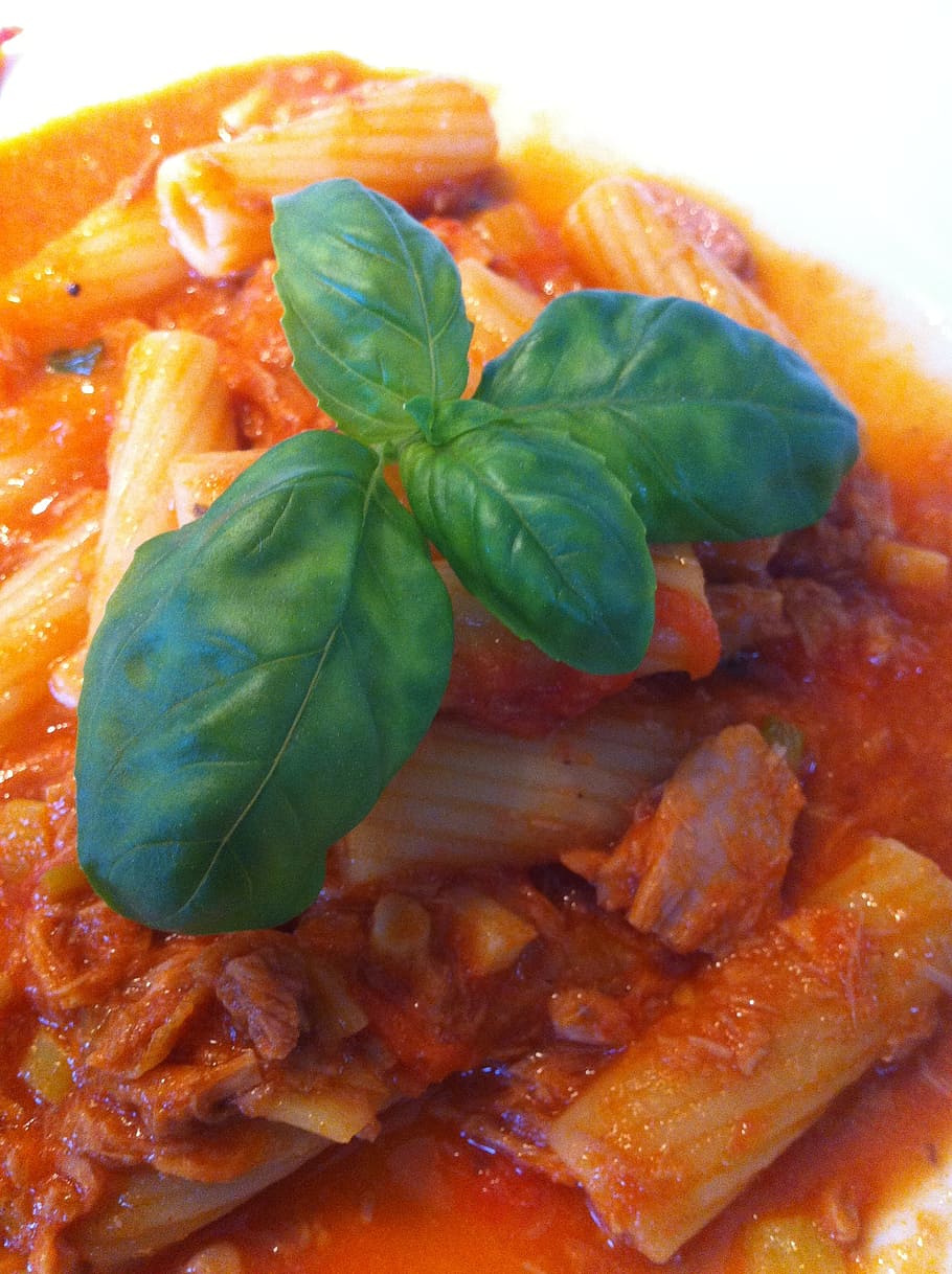 penne, sauce, tomatoes, basil, tomato sauce, food, red green HD wallpaper
