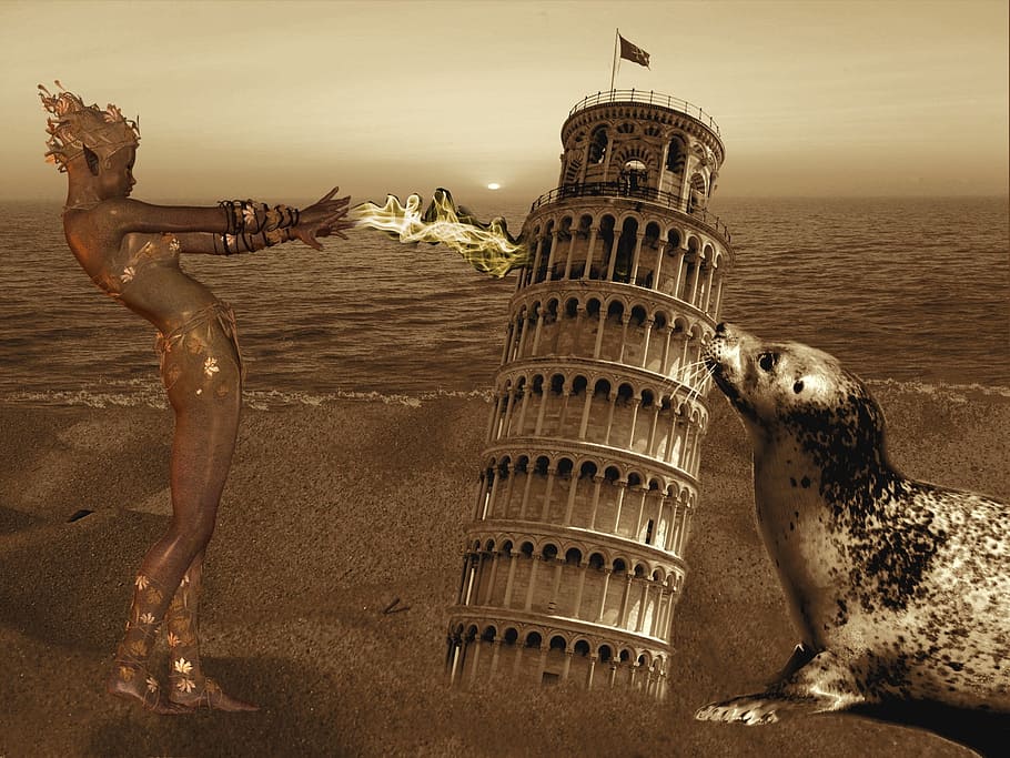 Fantasy, Leaning Tower Of Pisa, Seal, woman, sand, history