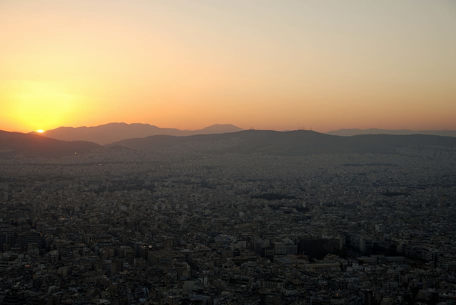 sunset, athens, greece, sky, mountain, city, cityscape, nature HD wallpaper