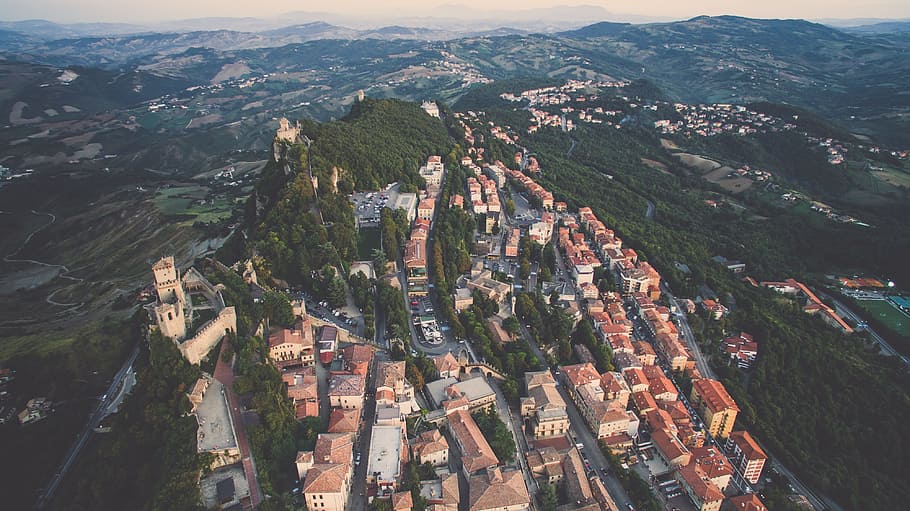 aerial, view, building, structure, houses, village, trees, green HD wallpaper