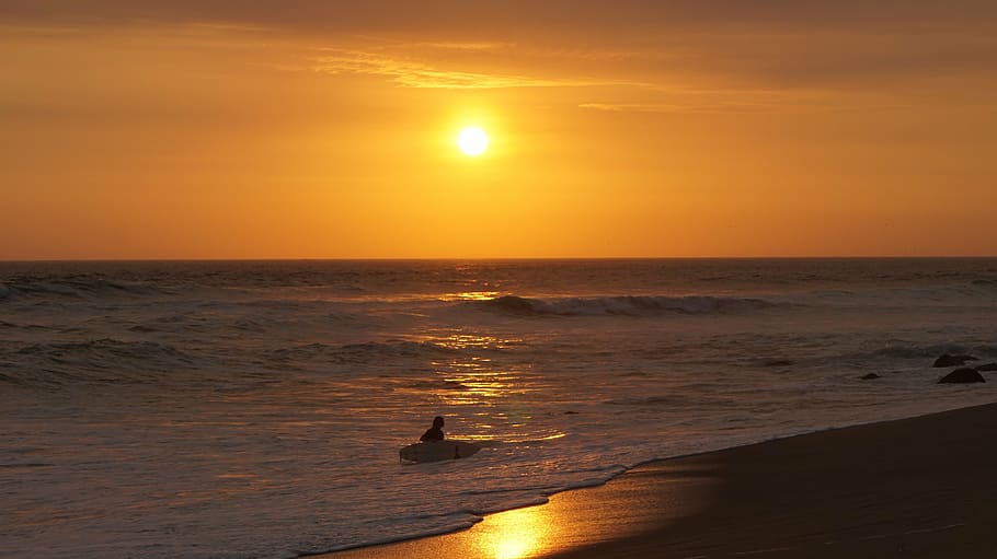 sunset, ocean, setting sun, beach, surf, sky, sea, water, orange color HD wallpaper