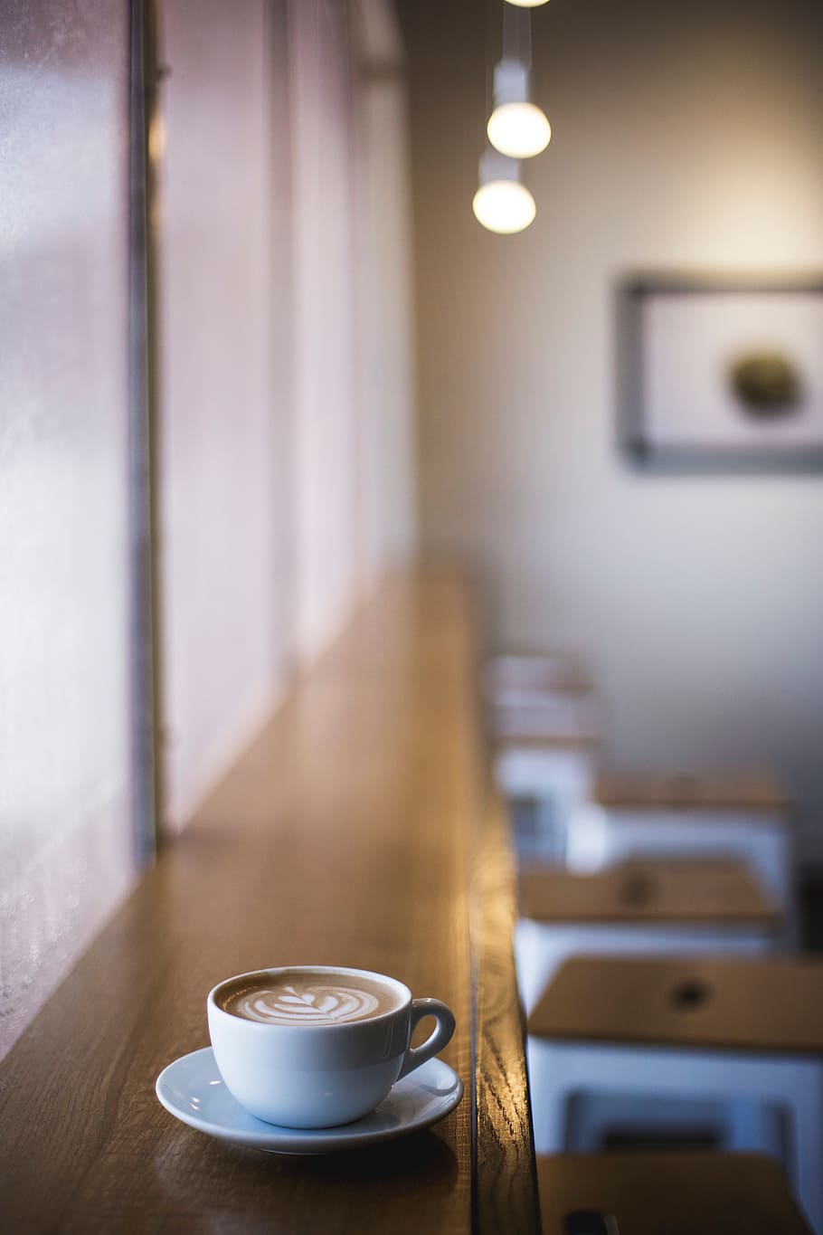 white coffee cup with latte art, bean, seed, brown, cafe, wood HD wallpaper