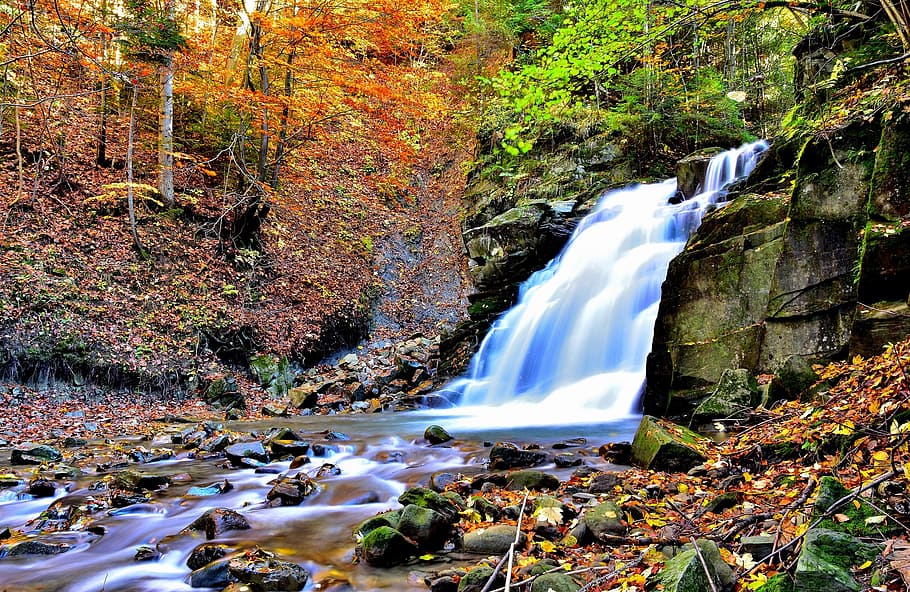 nature, waterfall, autumn, cascade, malopolska, flowing water HD wallpaper
