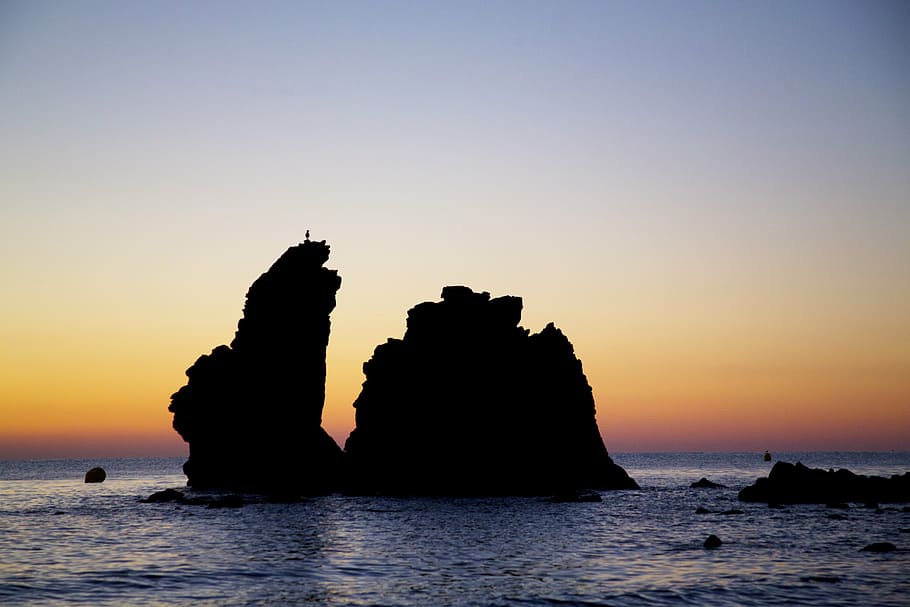 sea, sun, rock, sunset, color, roche, horizon, nature, seascape HD wallpaper