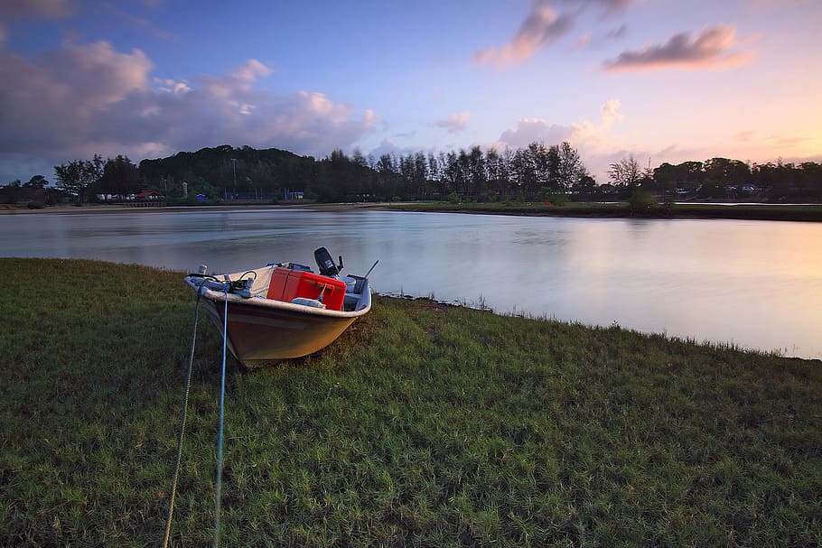 dawn, landscape, nature, sky, boat, grass, outdoors, river, scenic HD wallpaper