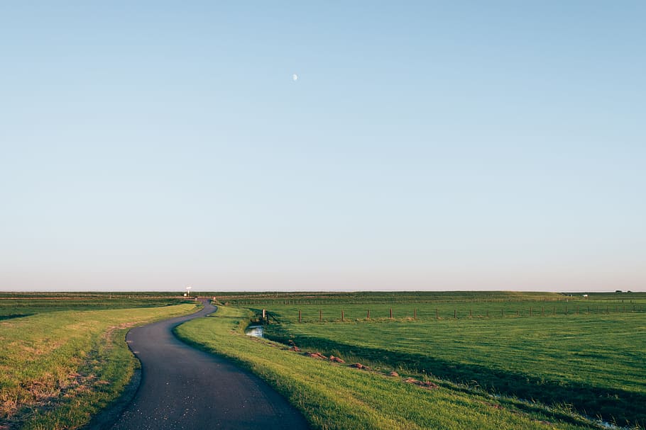 road between green grass under blue sky at daytime, black asphalt road along green grass field under blue sky at daytime HD wallpaper