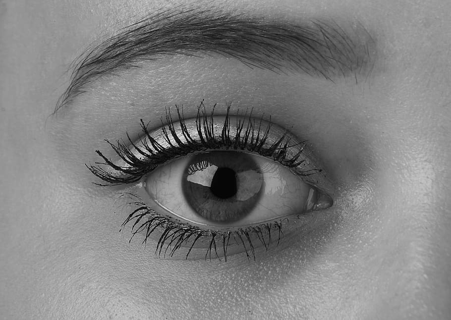 right human eye, woman, eyes, algae, girl, black and white photo