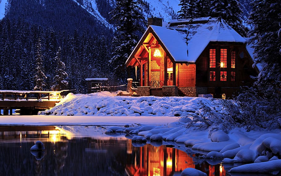 brown wooden house covered with snow, season, ice, winter, light HD wallpaper