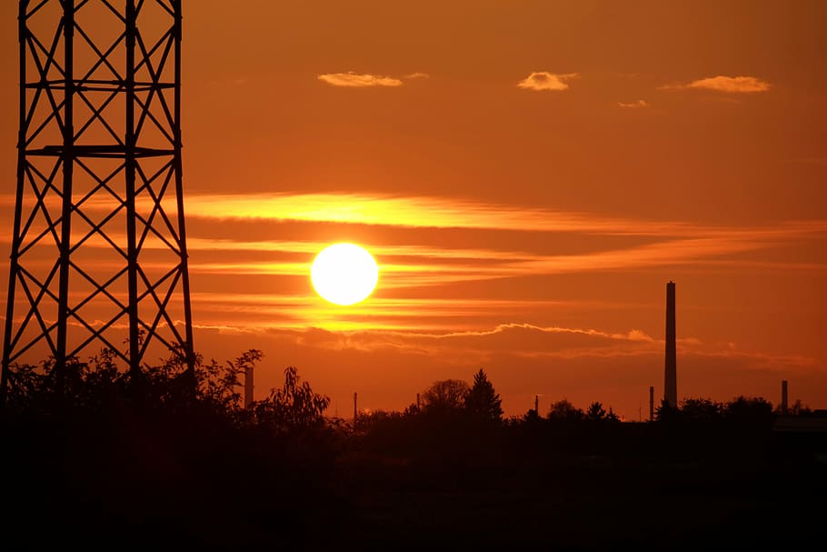 sunset, current, strommast, steel, high voltage, pylon, power line HD wallpaper