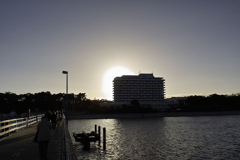 web, timmendorf, back light, lake, sky, architecture, water HD wallpaper