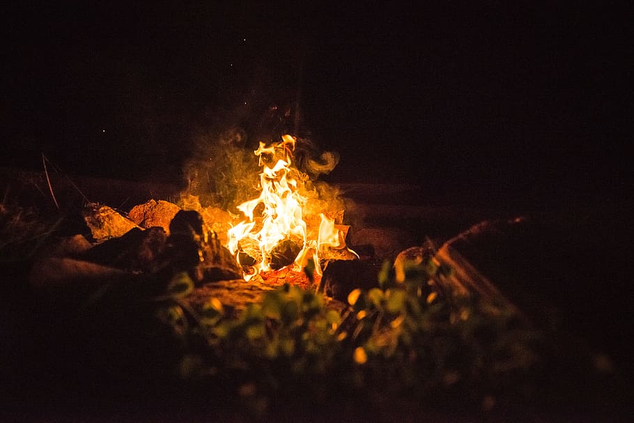 photo of orange fire, bonfire during nighttime, campfire, flame HD wallpaper
