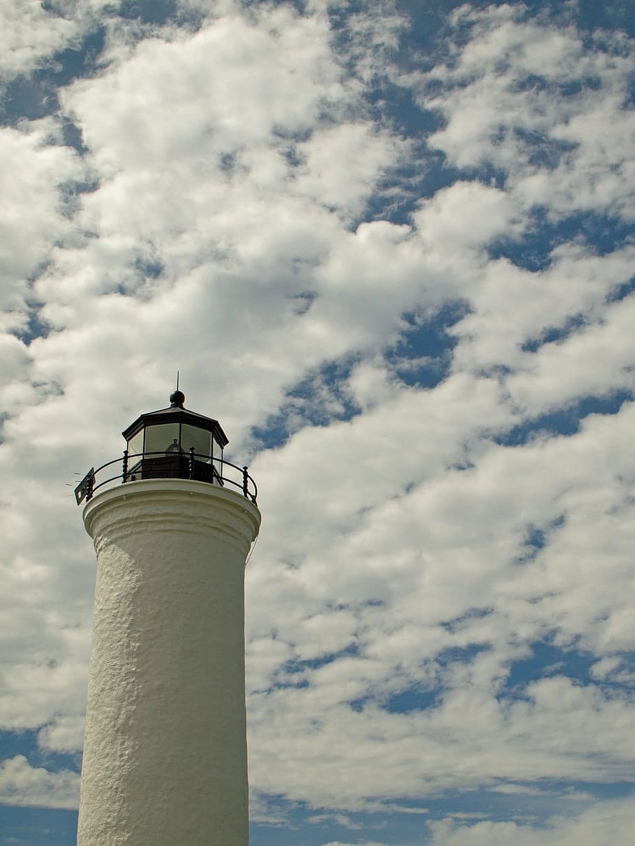 lighthouse, sky, clouds, blue, blue sky, sunny, bright, nautical HD wallpaper