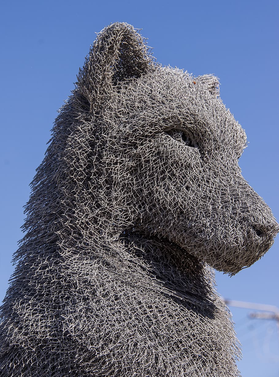 wolf, sculpture, art, head, face, wire, metal, grey, contemporary HD wallpaper